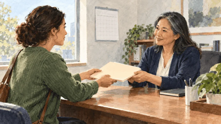 Conceptual painting of an employee handing a plain leave-request folder to a workplace staffer.