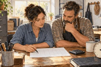 Conceptual watercolor painting of owner and payroll clerk review time records.