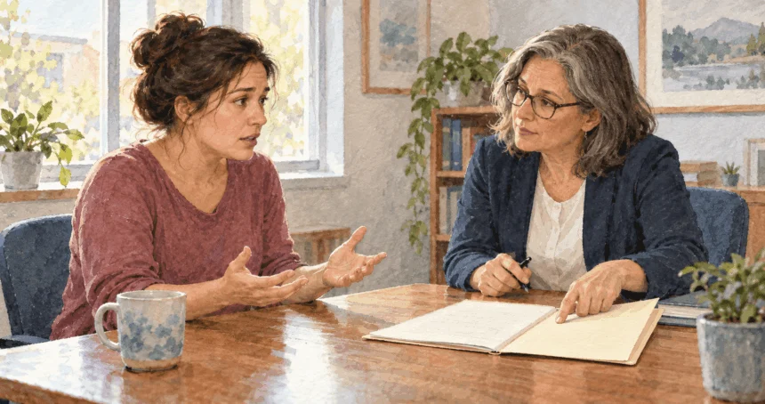 Conceptual painting of a worker seeking advice about possible leave retaliation.