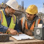 Conceptual painting of construction workers reviewing a time sheet at a public-works site.