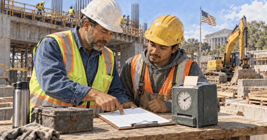 Conceptual painting of construction workers reviewing a time sheet at a public-works site.
