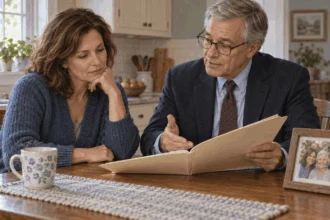 Conceptual painting of a family member and counselor reviewing an estate folder.