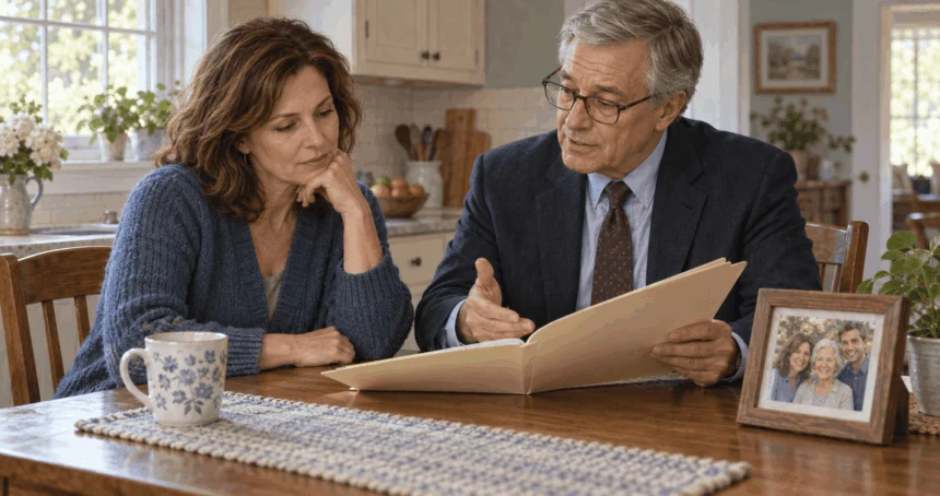 Conceptual painting of a family member and counselor reviewing an estate folder.