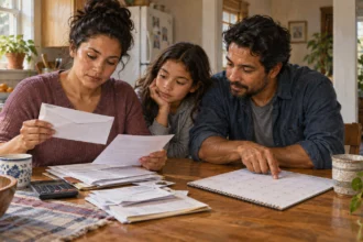 A family gathers records after receiving a coverage-renewal notice.