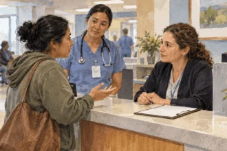 Conceptual painting of a patient asking a hospital registration worker a question at an emergency department.