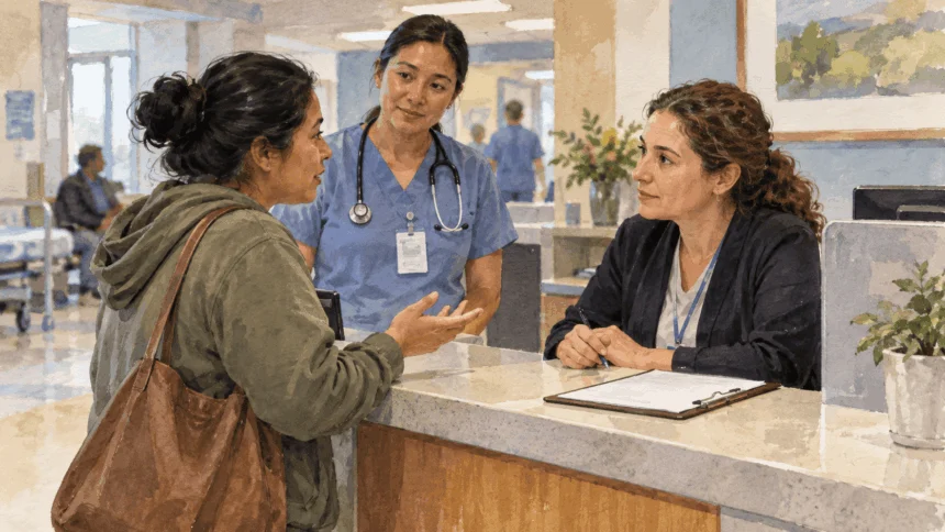 Conceptual painting of a patient asking a hospital registration worker a question at an emergency department.