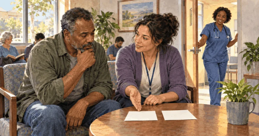 Conceptual watercolor painting of patient and navigator discuss two routes to care in a clinic.