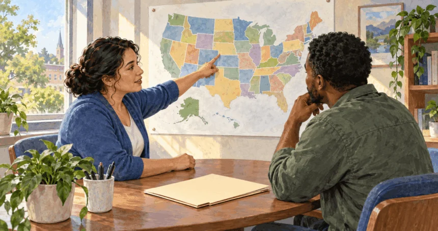 Painted scene of a resident discussing Medicaid coverage options with a navigator.