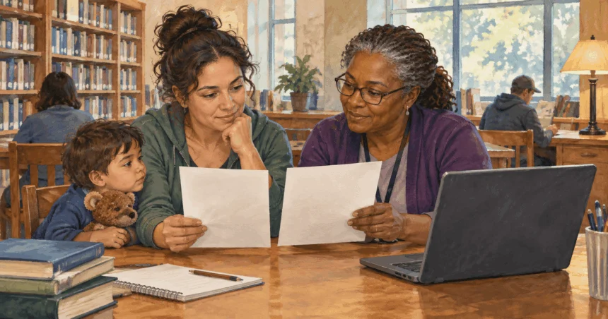 Conceptual painting of a parent and enrollment assister comparing two blank health plan sheets in a library.