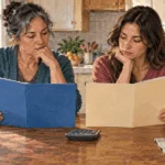 Conceptual painting of two family members compare health coverage folders at a kitchen table.
