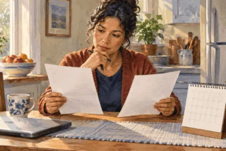 Painted illustration of a person comparing health-plan papers beside a calendar at home.