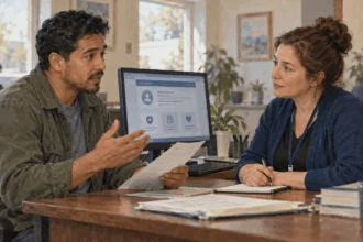 A worker reports a change in income to a health-insurance assister.