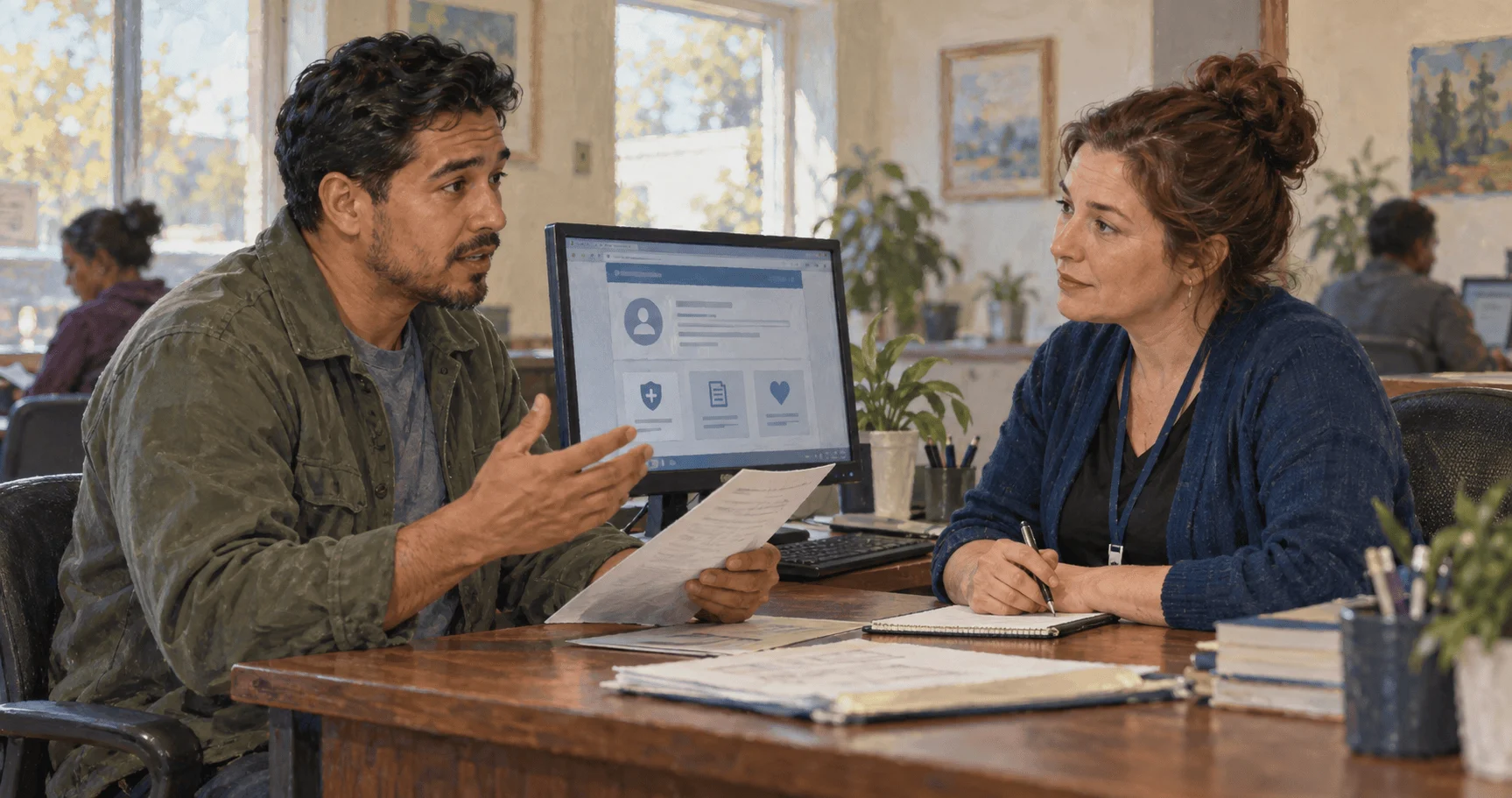 A worker reports a change in income to a health-insurance assister.