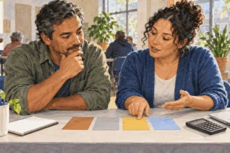 Conceptual painting of an adult comparing four blank health-plan cards with an enrollment navigator.
