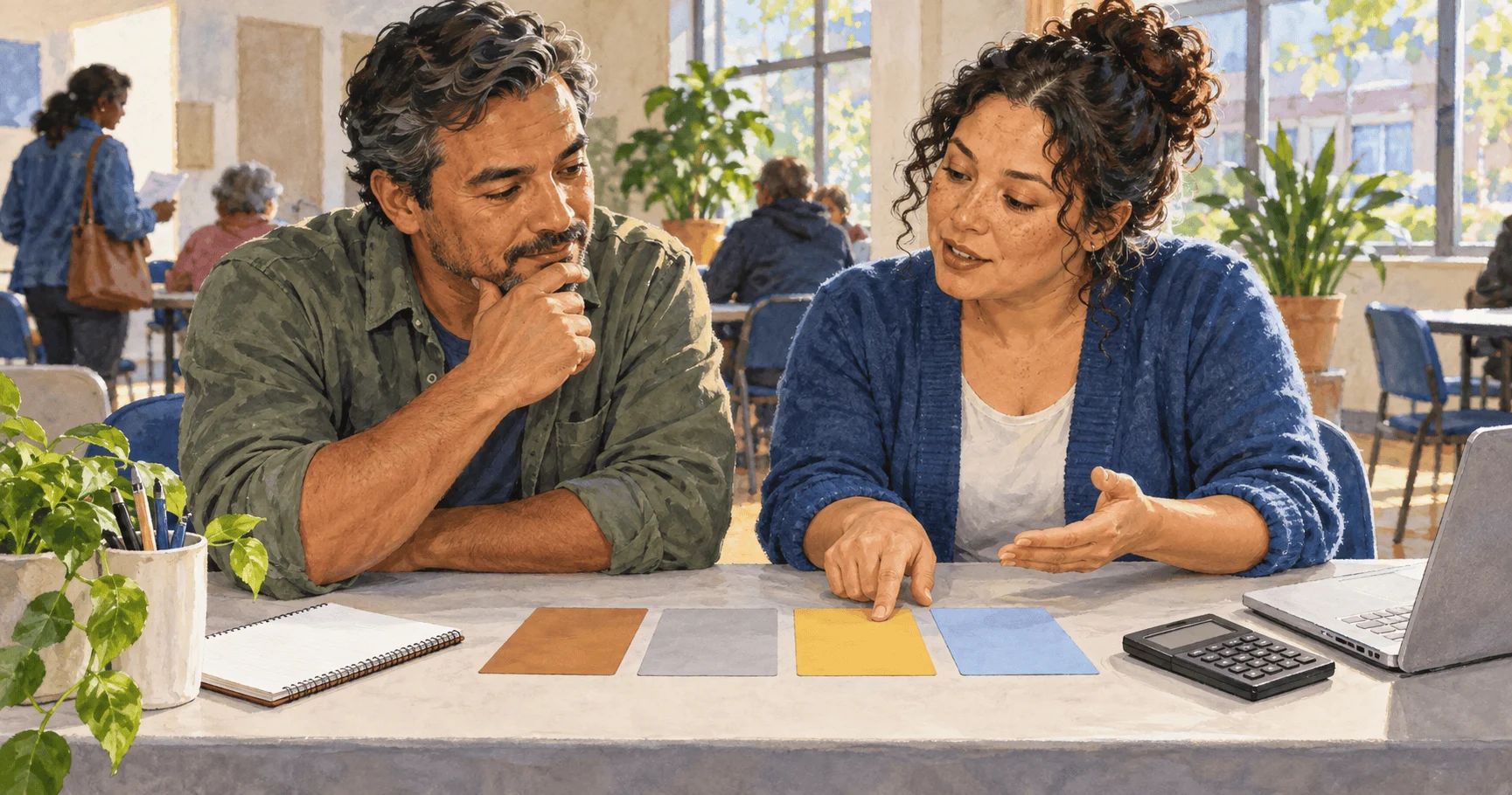 Conceptual painting of an adult comparing four blank health-plan cards with an enrollment navigator.