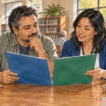 Conceptual painting of a person comparing health coverage options with a local helper.