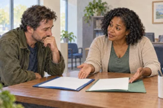 Person and health-insurance navigator study possible coverage options after a missed deadline.