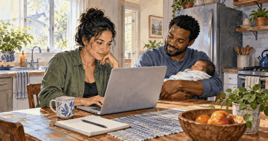 Conceptual painting of a parent using a blank laptop while a partner holds a new baby at home.