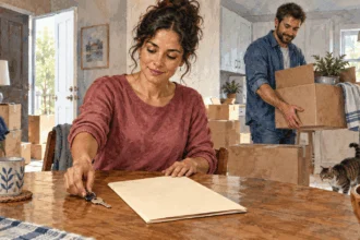 Conceptual painting of a woman reviews health coverage paperwork after a household move.