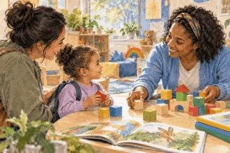 Conceptual painting of an educator welcoming a child and caregiver to a preschool classroom.