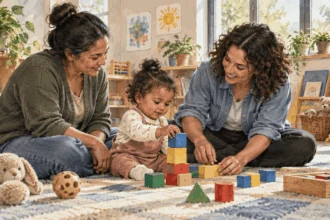 Conceptual painting of a caregiver, toddler and educator at an early learning activity.