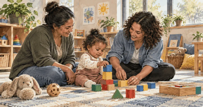 Conceptual painting of a caregiver, toddler and educator at an early learning activity.