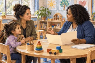 Painted scene of a parent asking a preschool worker about enrollment.
