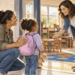Conceptual watercolor of a caregiver and child being welcomed at a preschool door.
