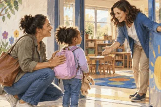 Conceptual watercolor of a caregiver and child being welcomed at a preschool door.