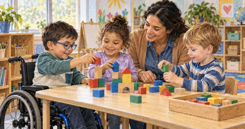 Preschool children, including a child using a wheelchair, build together with a teacher.