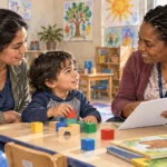 Conceptual painting of a family speaking with an early-learning intake worker.