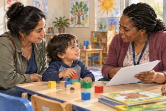 Conceptual painting of a family speaking with an early-learning intake worker.