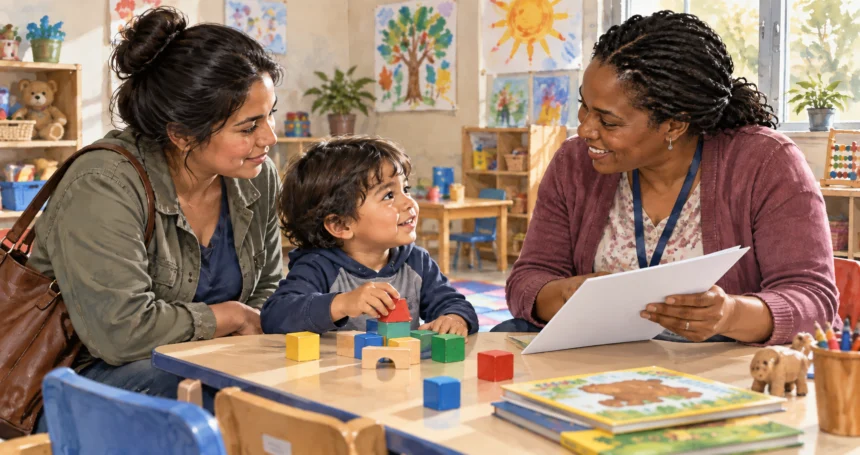 Conceptual painting of a family speaking with an early-learning intake worker.
