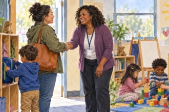 Parent and teacher greet a child arriving at preschool.