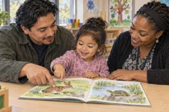 Conceptual painting of a parent, child and educator reading together in an early-learning classroom.