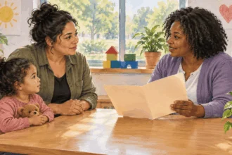 Conceptual painting of a parent asking a preschool staff member about eligibility.