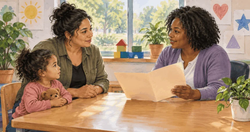 Conceptual painting of a parent asking a preschool staff member about eligibility.