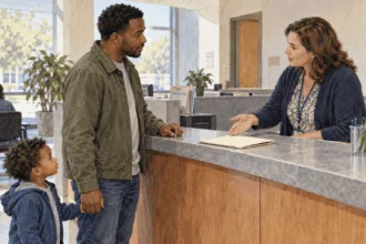 Painted illustration of a father and child asking a caseworker about a closed assistance folder.