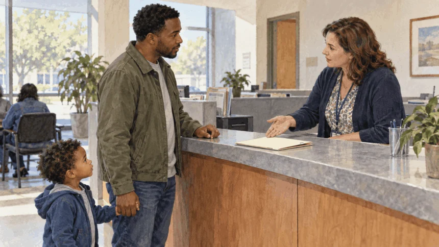 Painted illustration of a father and child asking a caseworker about a closed assistance folder.