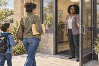 Conceptual watercolor painting of a parent and child arriving at a county assistance office.