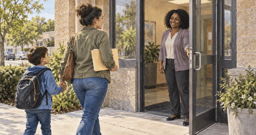 Conceptual watercolor painting of a parent and child arriving at a county assistance office.