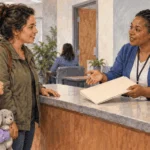 Conceptual painting of a parent and child asking a local assistance worker about blank application materials.