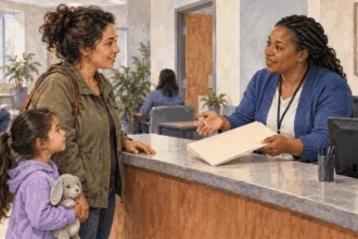 Conceptual painting of a parent and child asking a local assistance worker about blank application materials.