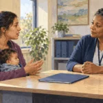 Conceptual painting of a parent raising a program concern with an ombuds worker.