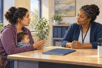 Conceptual painting of a parent raising a program concern with an ombuds worker.