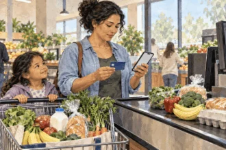 Conceptual watercolor painting of parent checks benefit card balance before purchase.