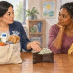 Caseworker comparing a grocery tote and open wallet with a parent.