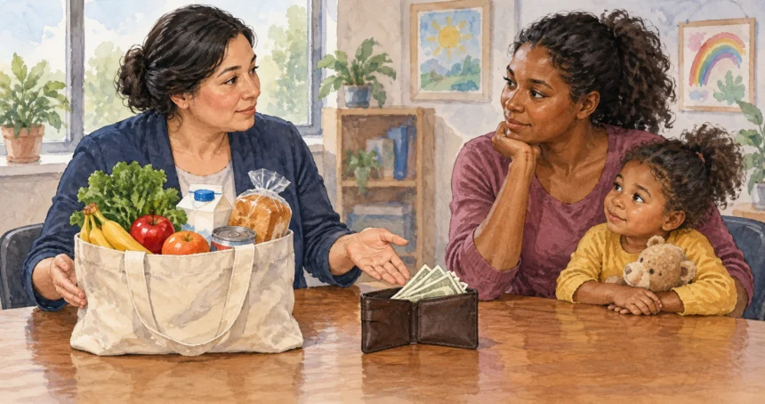 Caseworker comparing a grocery tote and open wallet with a parent.