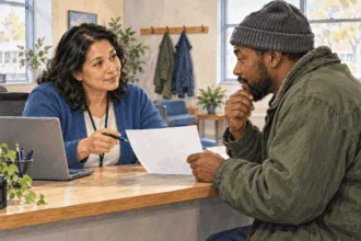 Painted illustration of a person discussing a utility bill with an energy-assistance worker.