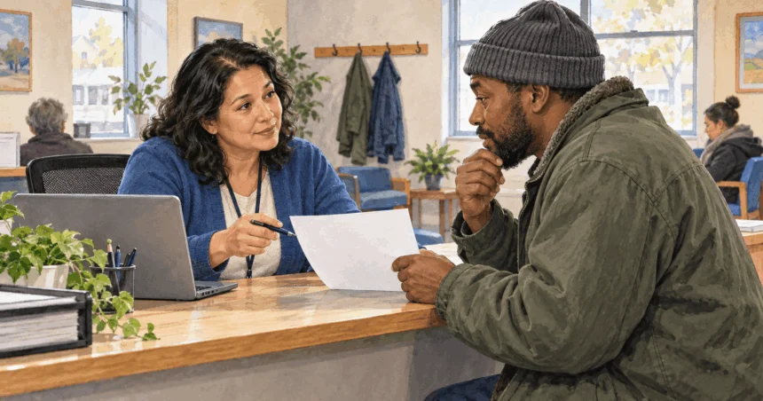 Painted illustration of a person discussing a utility bill with an energy-assistance worker.